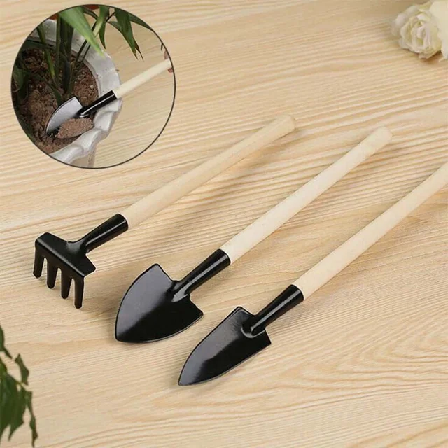 3 pcs/set Mini Portable Gardening Tool Metal Head Shovel Rake Spade Plant Garden Soil Raising Flowers Wooden Handle Tool Set 2
