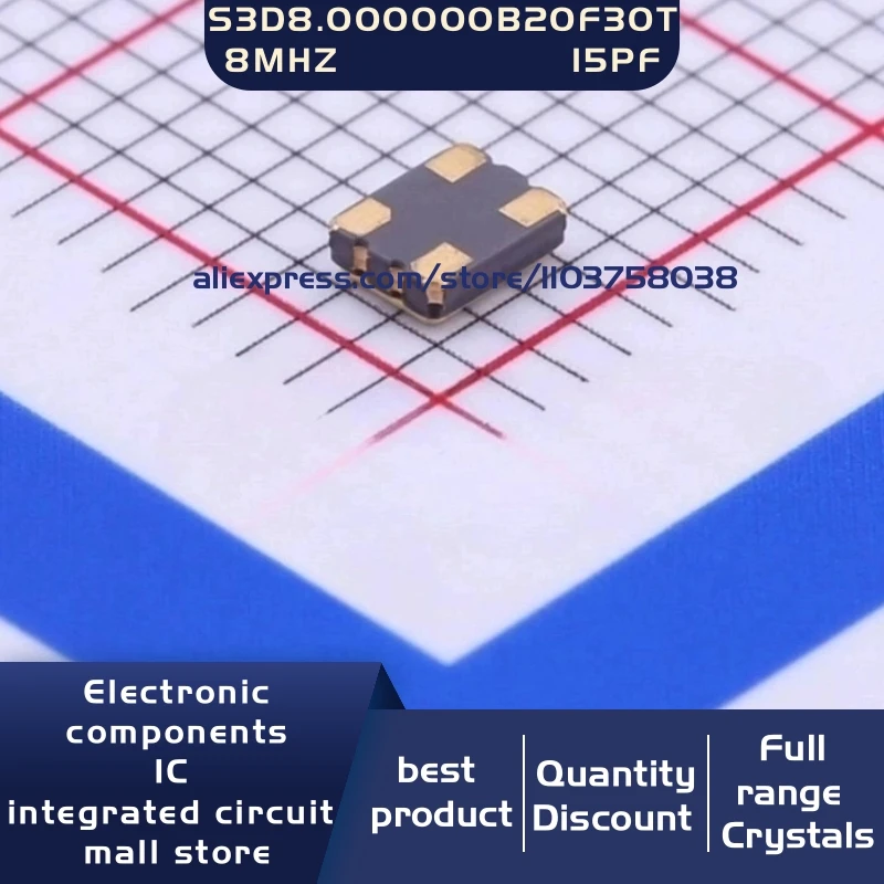 50개/묶음 S3D8.000000B20F30T 8MHZ ±20ppm 15PF 3.3V 3225 4P 크리스탈 발진기 공진기 4-SMD 재고 있음