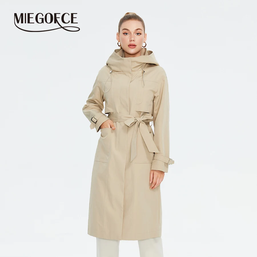 

MIEGOFCE 2024 New Spring Autumn Fashion Women's Long Trench Coat Female Hooded Belt Jacket Casual Loose Windbreaker Parka F23809