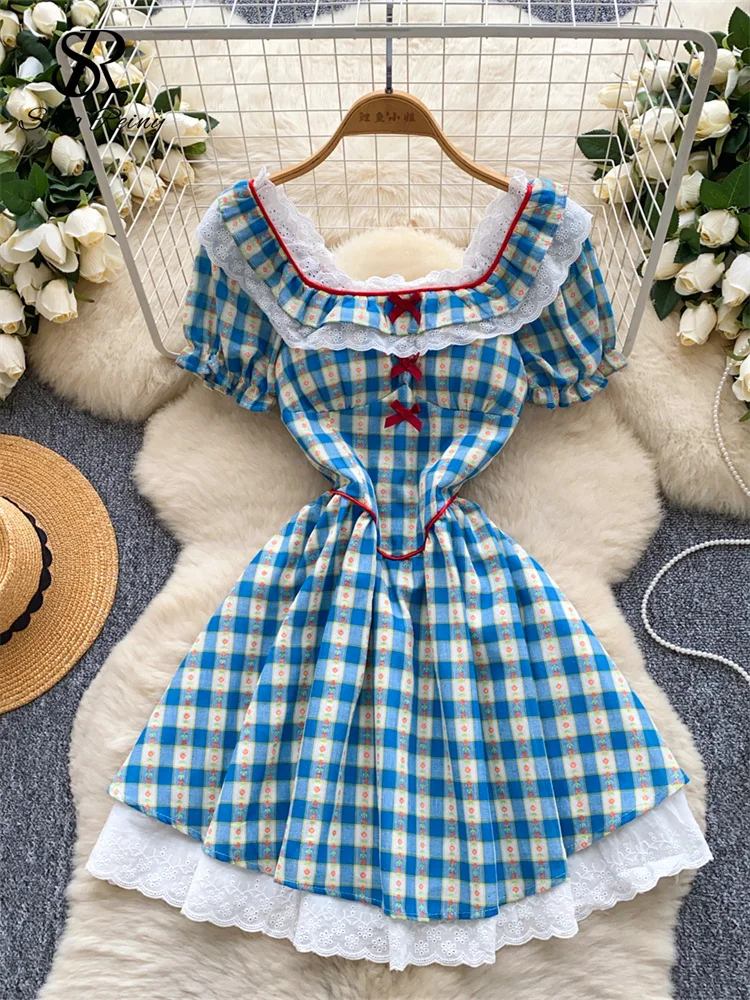 SINGREINY Prairie Chic Plaid Mini Dress Summer Short Sleeves