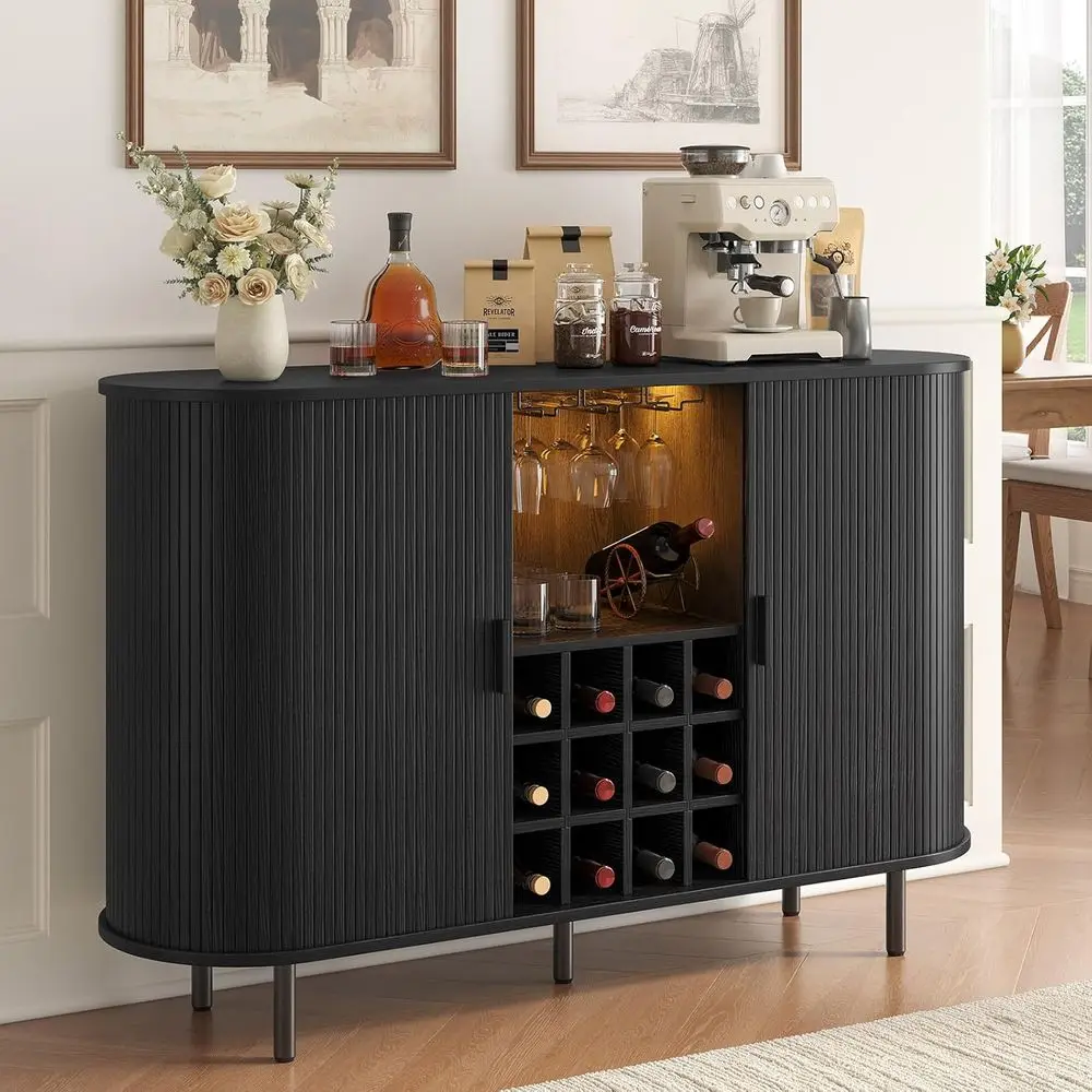 Mid-Century Modern 55 Fluted Wine & Liquor Cabinet with LED Lighting ...