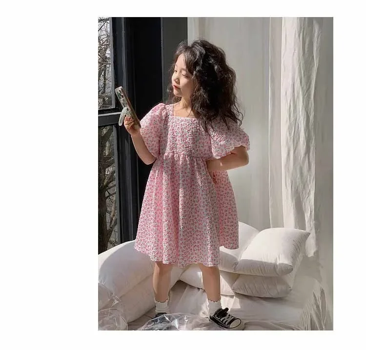 Mädchen Freizeit kleider Blumen druck Puff ärmel Kleid Blumen mädchen Kleider quadratischer Kragen Kleidung für Kinder 3 bis 7 Jahre – Detail 6
