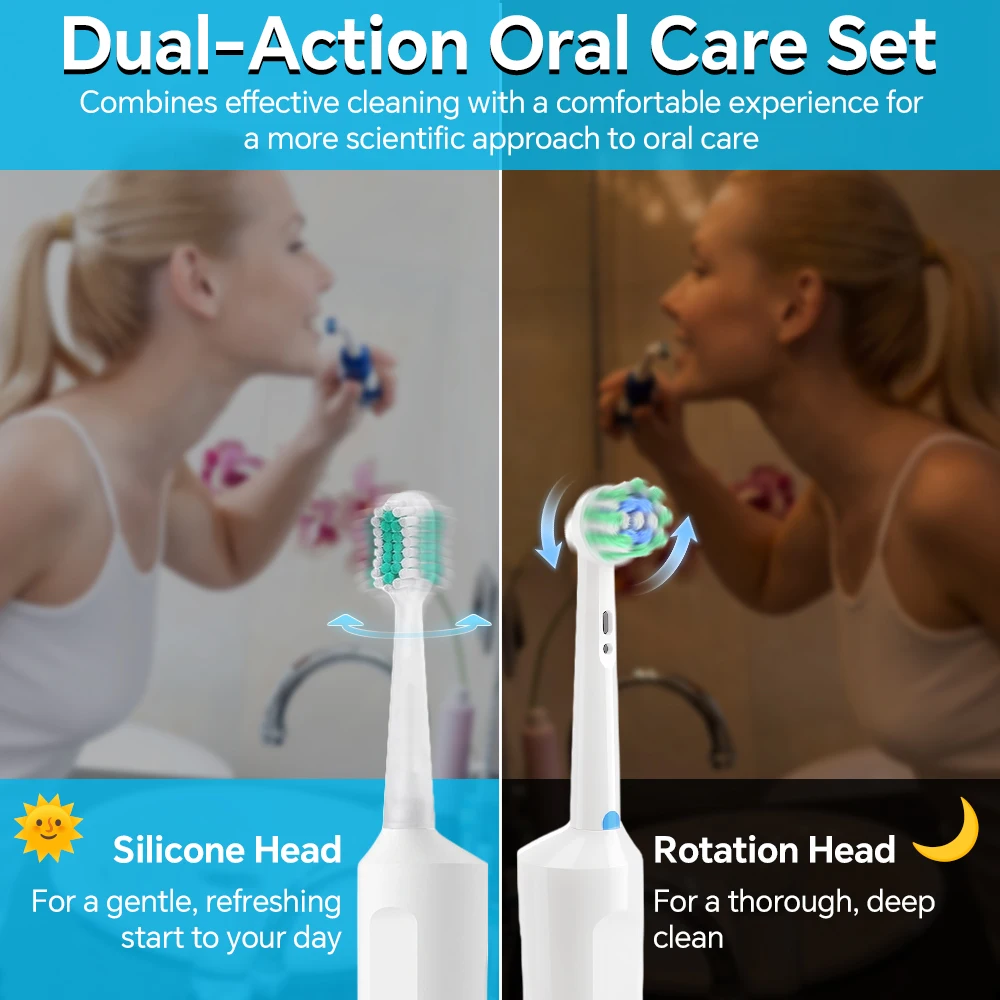 충전식 2-in-1 전동 칫솔 (듀얼 모드 헤드 포함) - 4개의 회전 헤드와 2개의 음파 진동 헤드로 딥 클리닝 가능