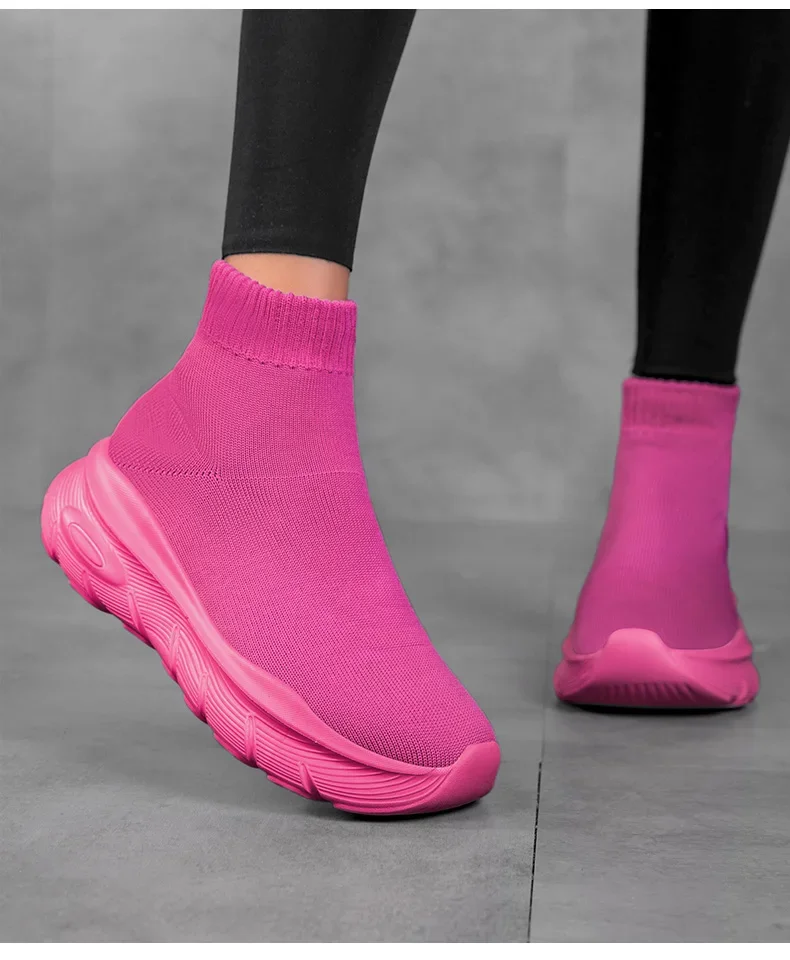 Damenschuhe, klassische High-Top-Sockenschuhe, dicke Sohle, Stretch, Slip-On, lässige Turnschuhe, atmungsaktives Mesh, Outdoor-Wanderschuhe, Schwarz – Detail 18