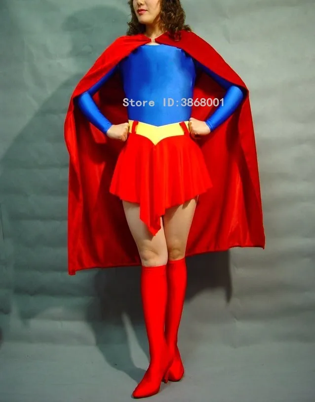 

Halloween Female superhero cosplay costume blue red color jumpsuit Bodysuit Zentai Suits Fancy catsuit With cloak