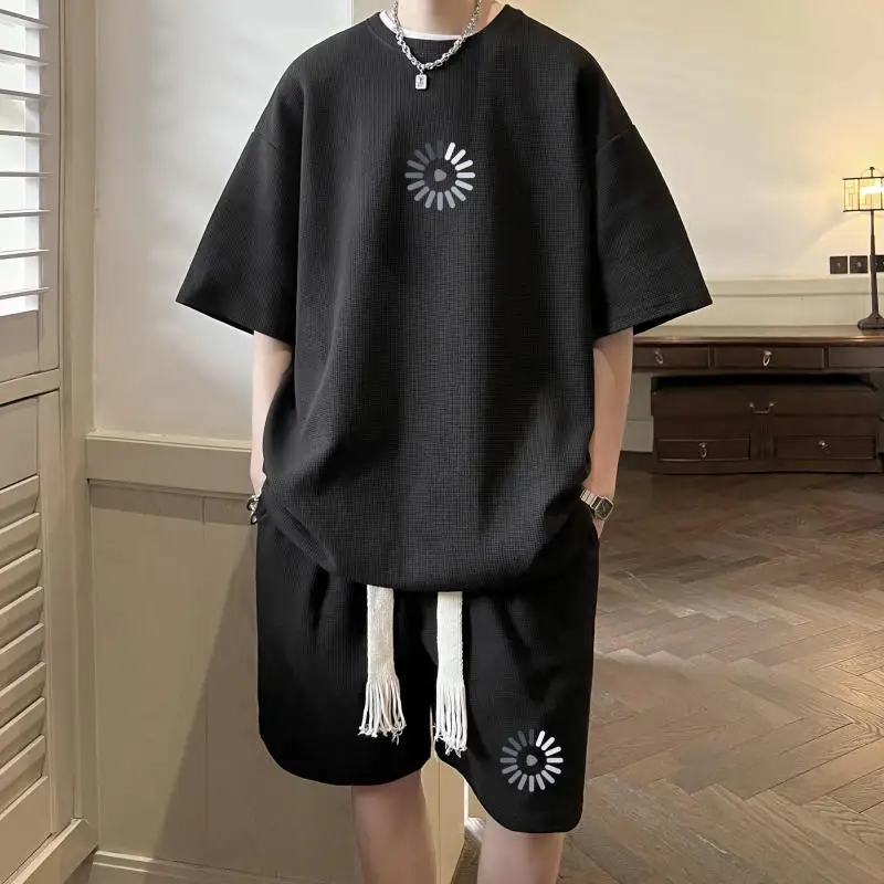 Men's Summer New Crew Neck Screw Thread Printed Short Sleeve Casual Elastic Pockets Drawstring Fashion Sweatshirts Shorts Set