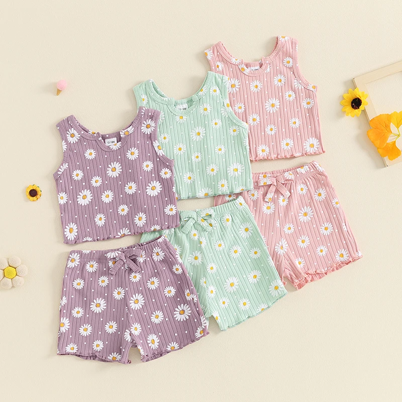 

2024-05-05 Lioraitiin Summer Kid Baby Girls Summer Clothes Sets Sleeveless U Neck Daisy Print Tank Tops Shorts Sets