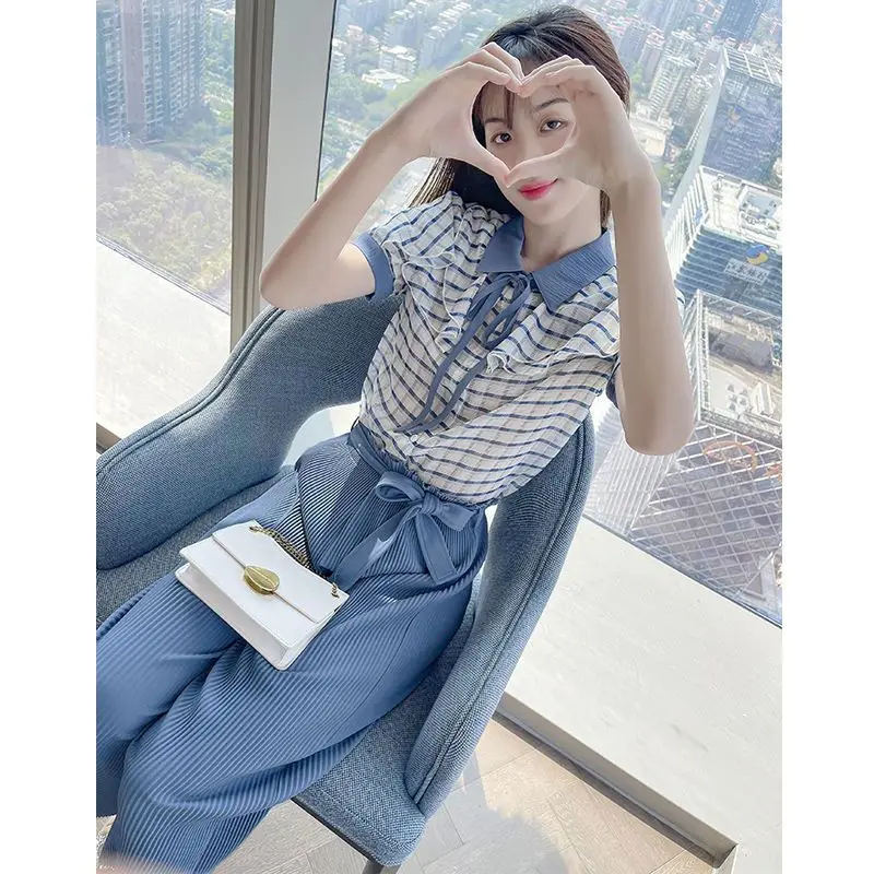 2023 Summer New Check Panel Short Sleeve Chiffon Shirt Casual Wide Leg Pants Two Piece Elegant Women's Pants Set Outfits