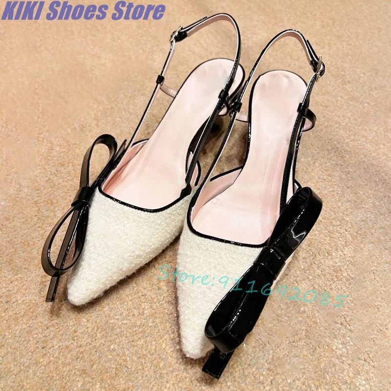 

French pointed toe color matching bow woolen cat heel sandals for women new stiletto toe high heels