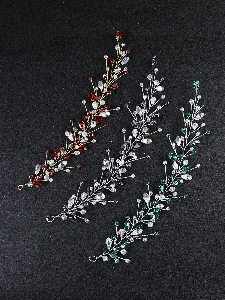 Bohe Green Red Purple Crystal Wedding Hair Accessories Headbands and Earrings Set for Bride Headdresses Rhinestone Party Tiaras