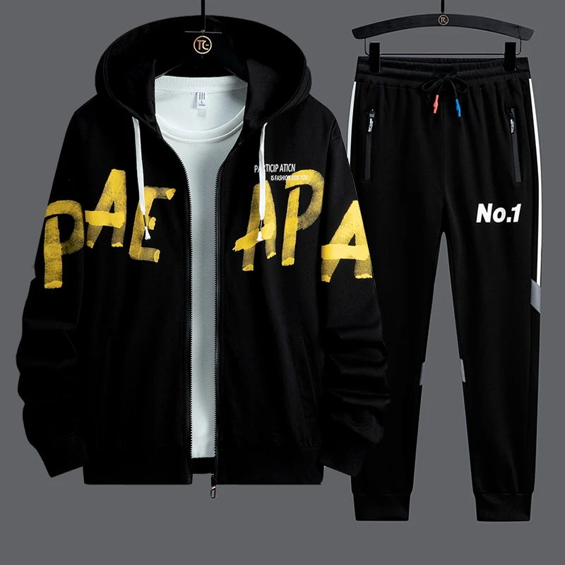

Hip Hop Streetwear Mens Set Zipper Jacket Hooded and Sweapants Fashion Two Piece Set Male Long Sleeve Outfit Set Sports Suit