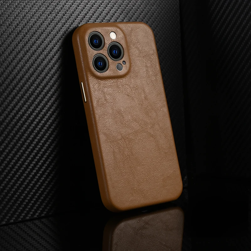 For iPhone 13 Pro Max Luxury Genuine Leather Case Camera Lens Protection Back Cover For iPhone 14 Pro Max Metal Button Case