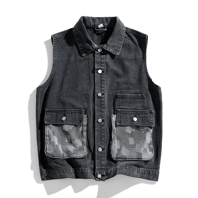 Spring Summer Men Lapel Denim Vest Outdoor Retro Fashion Big Pocket High Street Trendy Casual Loose Mens Jacket Streetwear Vest