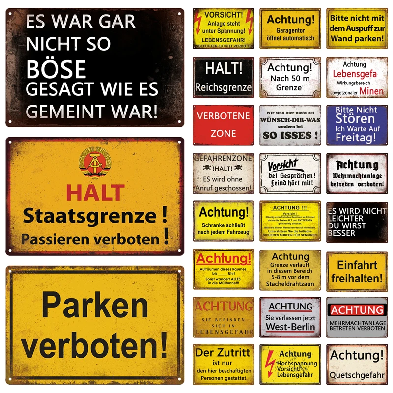 

Tin Sign Achtung Mine Halt Warning Vintage Sign Caution Metal Plaque Retro Metal Plate Parking Home Door Yard Street Wall Decor