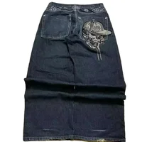 Street Fashion Trend Skull Embroidered Jeans Women Harajuku Y2K New Hip Hop Joker Straight Wide-leg Pants Couple Casual Jeans 1