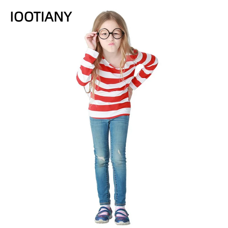 S-XXL Parent-Child Cartoon Where is Wally Waldo Costume Waldo Book Week Cosplay Outfit Stripe Shirt Hat Glasses Kit cosplay costume
