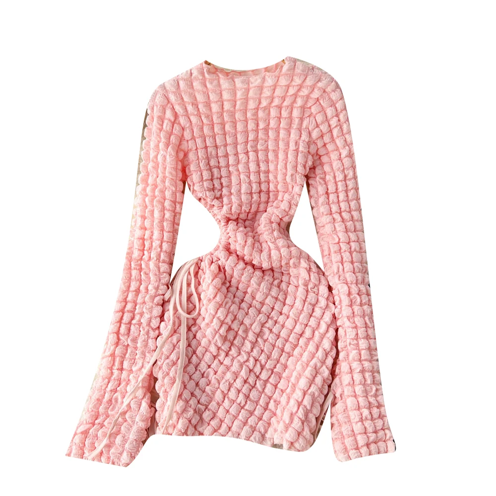 

Autumn Women's Clothing French Style Bubble Plaid Long-sleeved Dress Hollow Sexy Slim Elastic Waist Fashion Tie Bag Hip Skirt