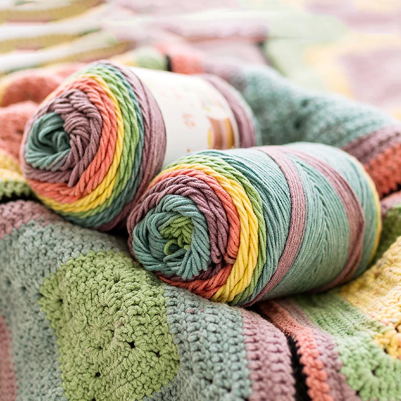 100G/Ball Rainbow Cotton Yarn Segment Dyeing 5 Ply of Milk Cotton DIY Hand Knitted Sofa Cushion Pillow Yarn 193m Crochet Yarn 2