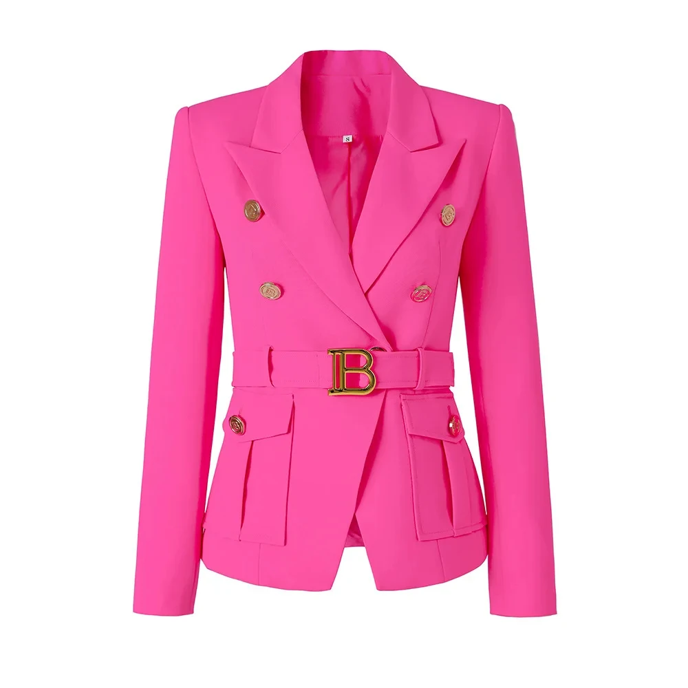 Customize Luxury Quality Classic golden buttons Office White Black pink Women Pocket formal Blazers with Blet