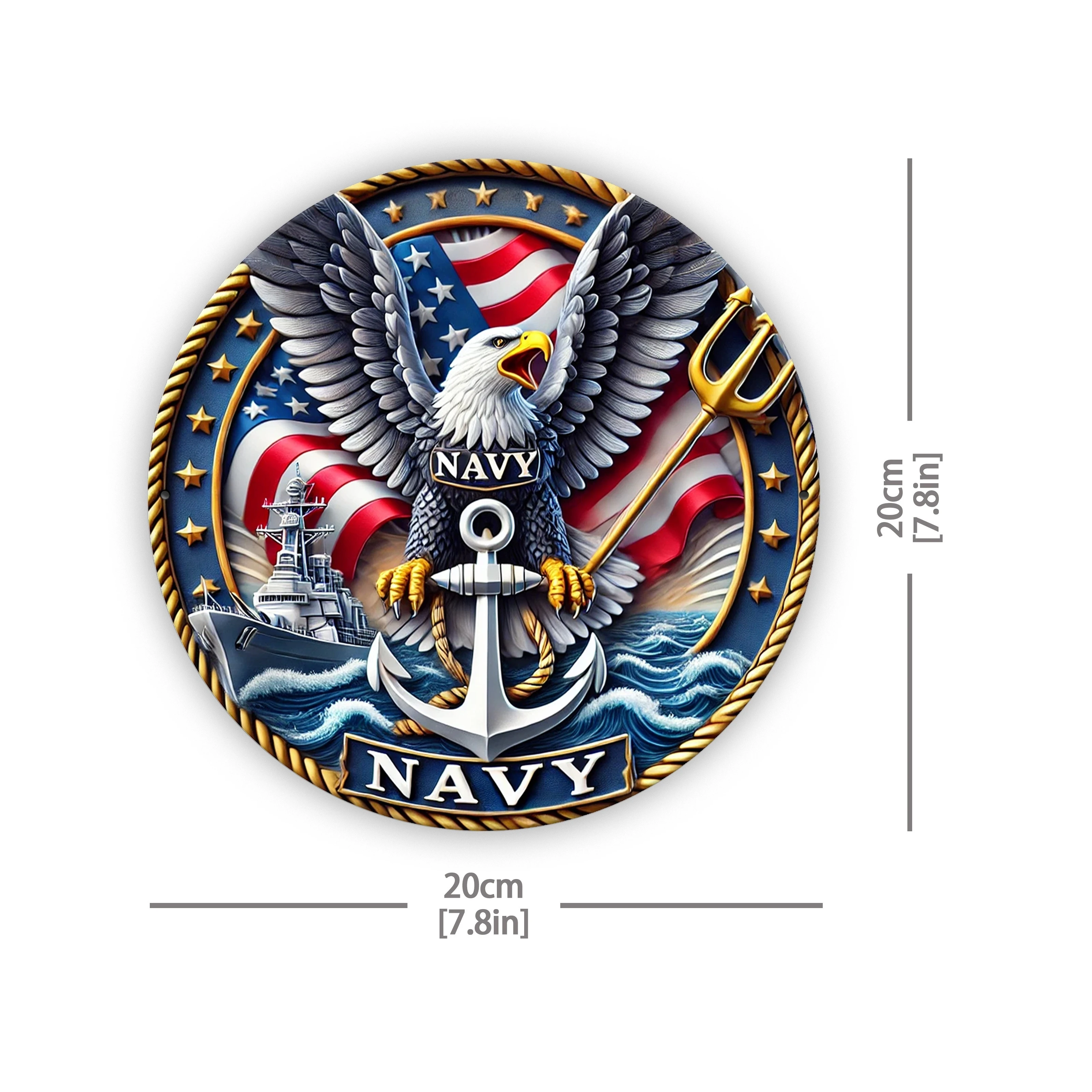 7월 4일 미국 독립기념일을 위한 2D 레트로 원형 독수리 해군 엠블럼 장식, 8인치 평평한 나무 접시