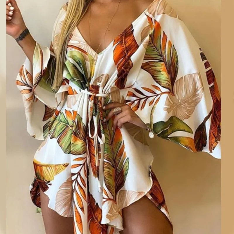 

Summer Batwing Sleeve Harajuku Dress Sexy V-Neck Leaf Print Party Robe Women Elegant Lace-Up Waist Casual Irregular Beach Vestid