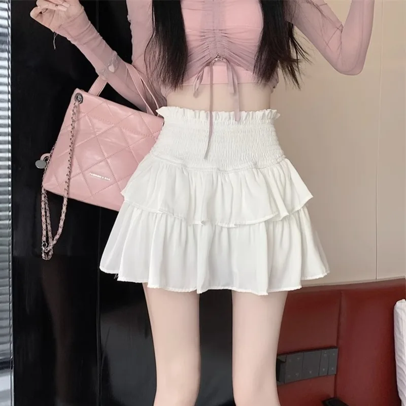 

Solid Ruffle Mini Skirt Women Summer Korean Fashion High Waist Elastic Patchwork Teen Girls Kawaii Layer Skirts Cute Clothes