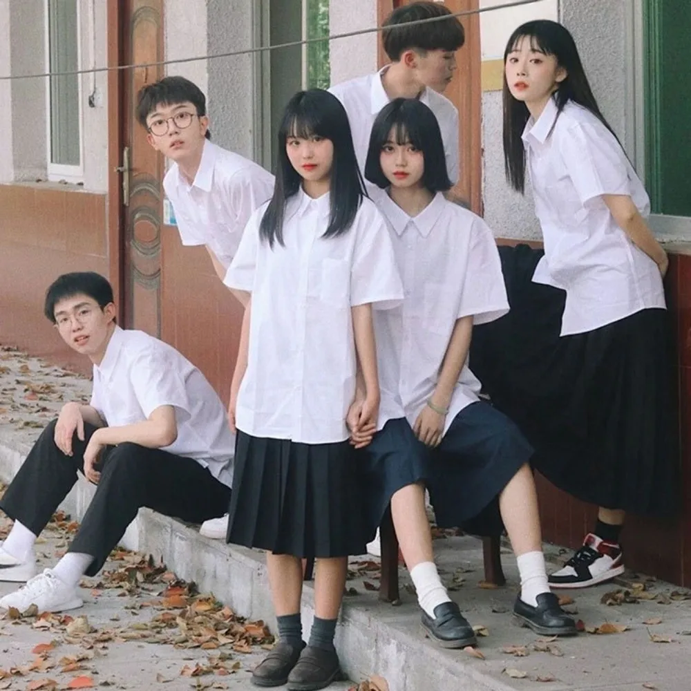 Casual Classic White Shirt Basic Preppy Style Loose Fit Shirt Simple Short Sleeve Blouse High School Students 5