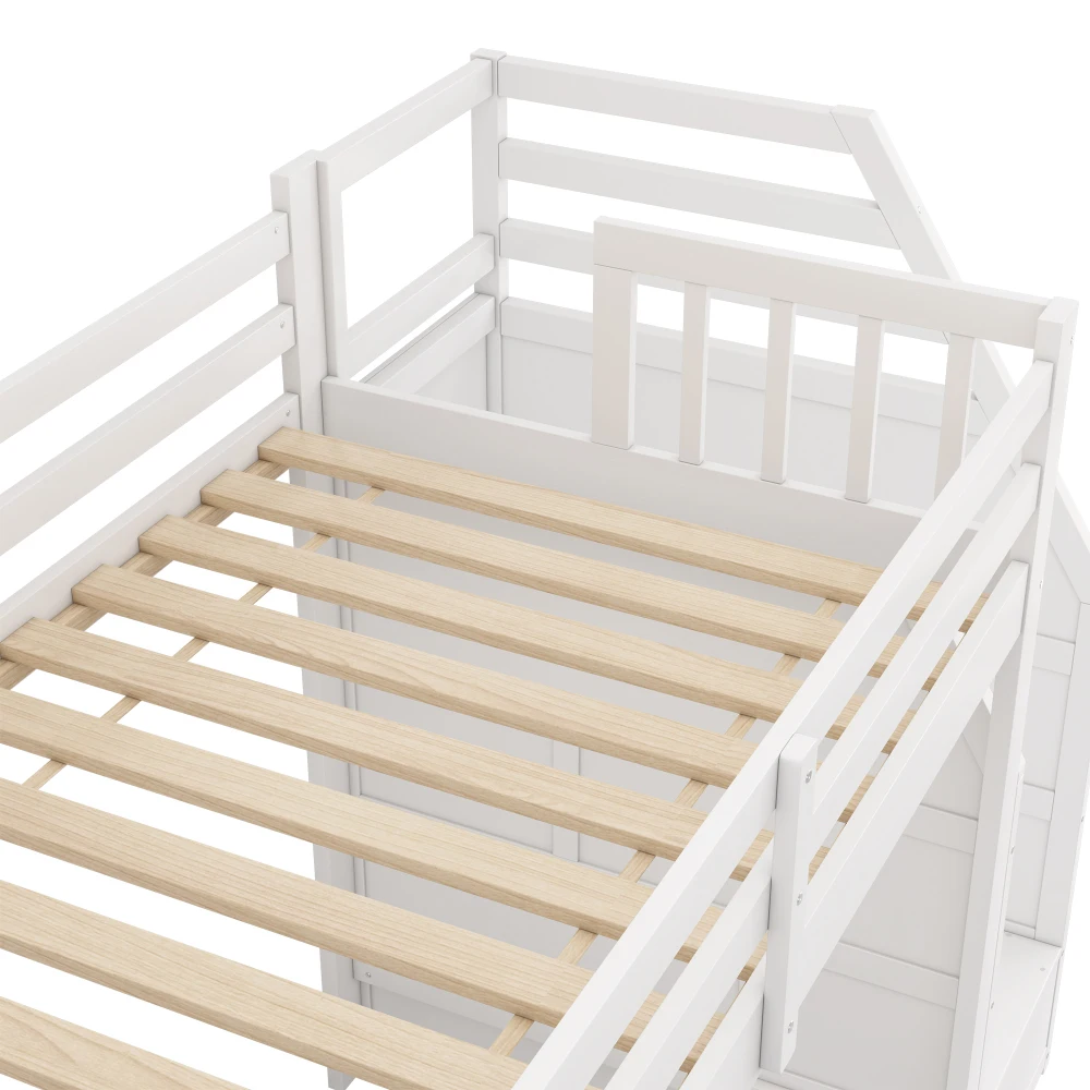 Etagenbett 90 x 200 cm – Sicherheitsbett für Kleinkinder mit Rutsche, abnehmbarem Zaun und optionaler Schienenposition, Stauraum, keine Matratze – Detail 12