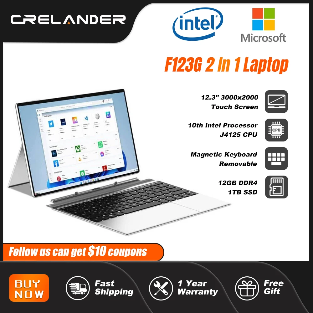 In 1 Laptop 12.3 Inch 3K Touch Screen 12GB RAM SSD J4125 Windows 11 Tablet Pc Portable Notebook Computer