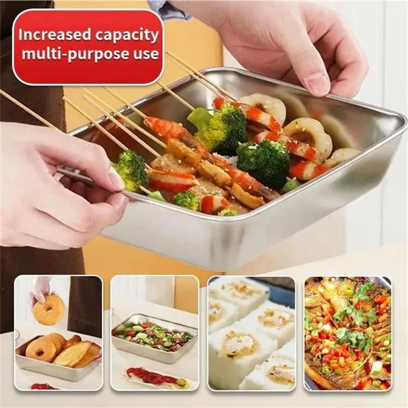 Stainless Steel Square Plate With Lid Food Grade Thickened Metal Plate Small Square Baking Dish For Oven Kitchen Supplies