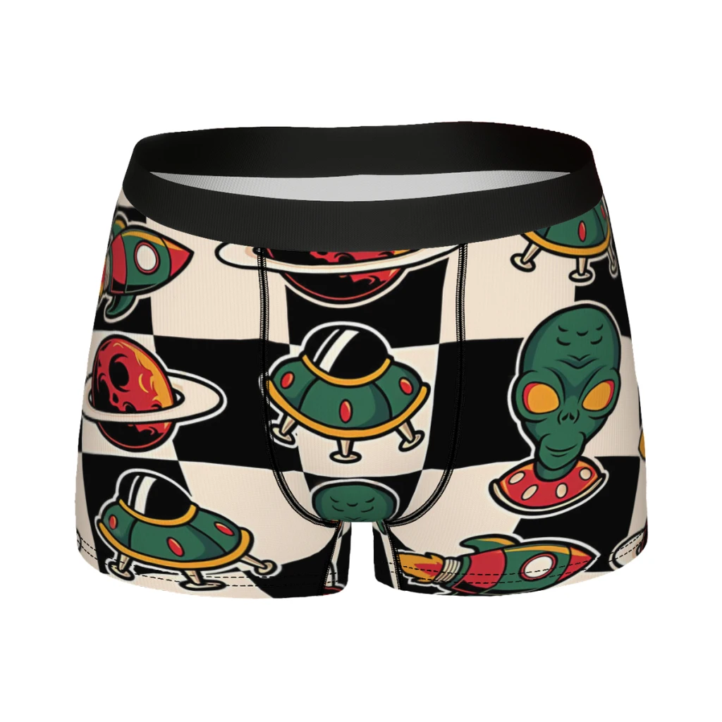 

UFO on Checkerboard Alien UFO Pattern Underpants Breathbale Panties Male Underwear Ventilate Shorts Boxer Briefs