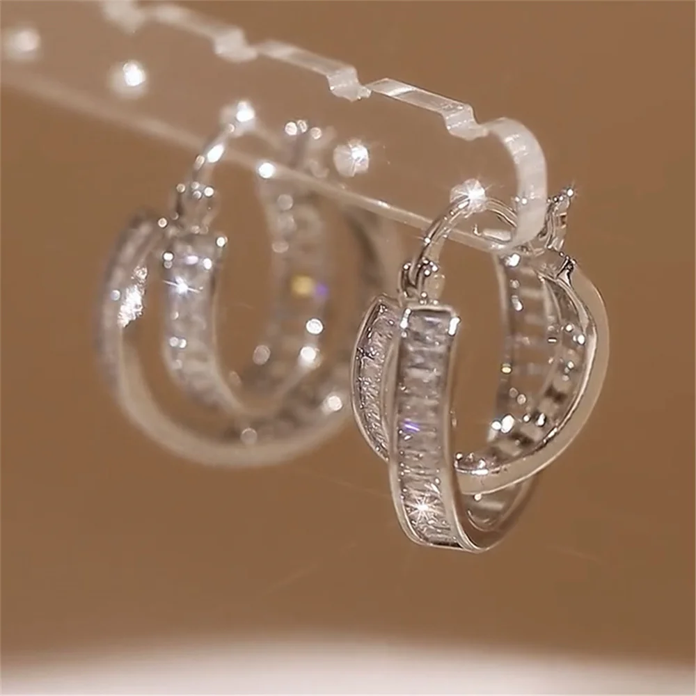 Luxury Female White Zircon Stone Hoop Earrings Vintage Fashion Silver Color Wedding Jewelry For Women