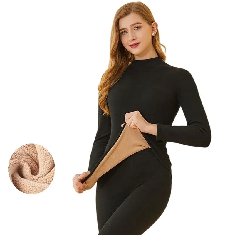 Thermal Underwear Sets 2Pcs Winter Women Long Pants Thick Intimate Fleece Long-Sleeved Undershirts Large Size