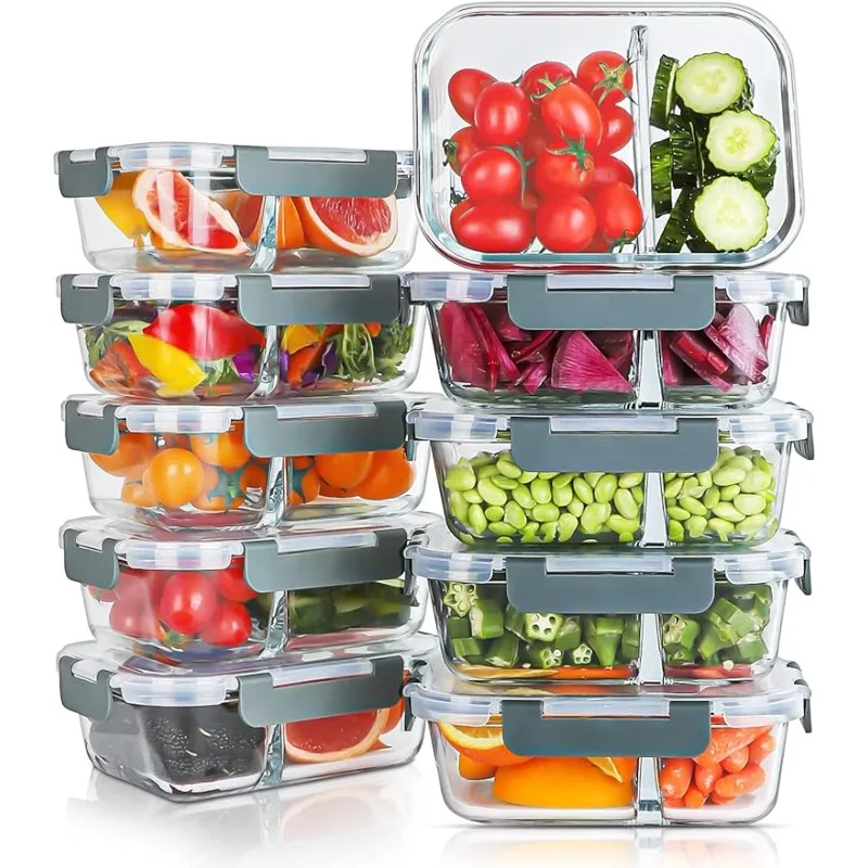 1 & 2 Compartment Glass Meal Prep Containers (4 Pack, 35 Oz)- Food