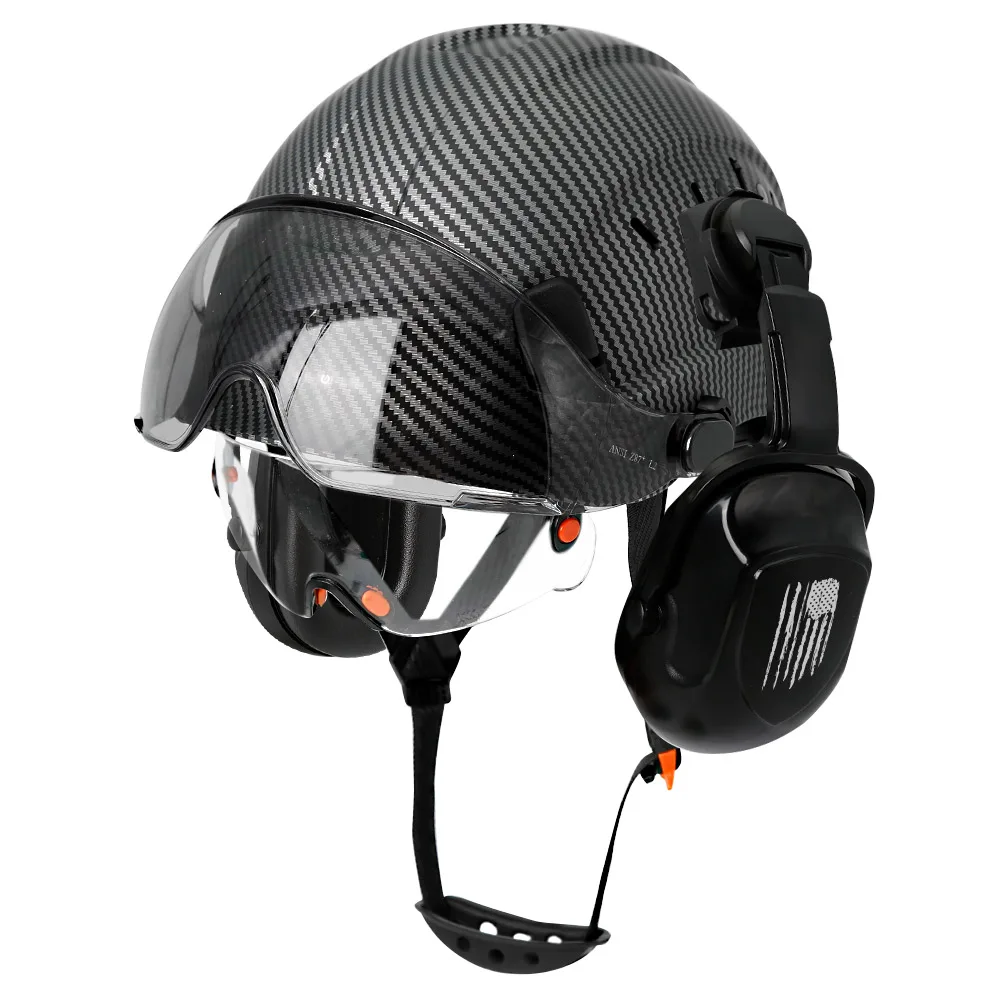 

CE Carbon Fiber Pattern Safety Helmet With Build in Visor Earmuff EN352 For Engineer ABS ANSI Hard Hat Outdoor Construction Work