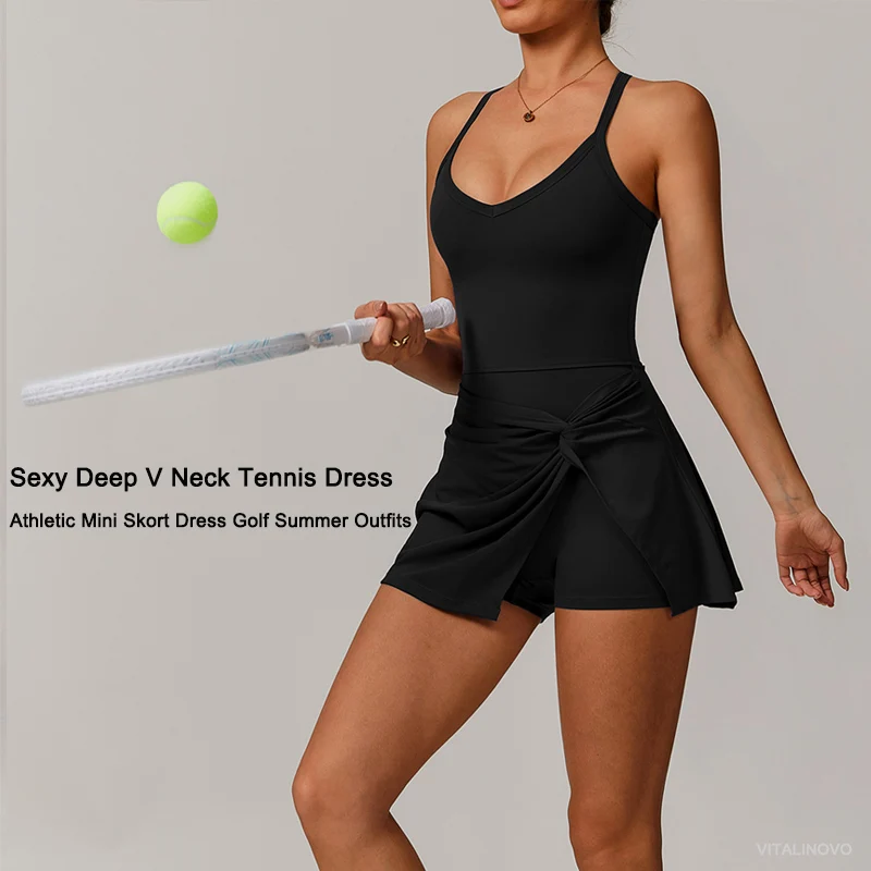 VITALINOVO Womens Tennis Dress with Shorts Underneath Workout Dress with Built-in Bra Deep V Neck Athletic Dresses Golf Dress
