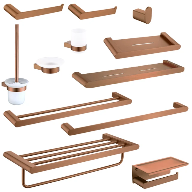 ชุดอุปกรณ์ห้องน้ำสแตนเลสสีโรสโกลด์ขัดเงา ที่แขวนผ้าเช็ดตัว ที่ใส่กระดาษชำระ ที่แขวนแปรงขัดห้องน้ำ ตะขอแขวนเสื้อคลุม ราวแขวนผ้า 1
