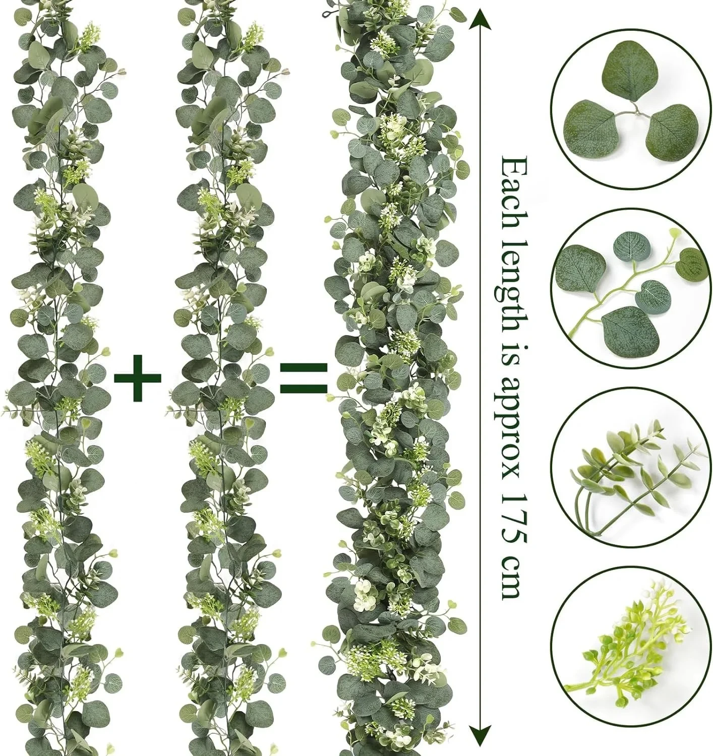 1 Stück künstliche Eukalyptusblätter, grüne Girlande, künstliche Pflanzen, Frühlingsranken mit weißen Blüten, Beeren für Hochzeit, Zuhause, Party, Dekoration – Detail 3