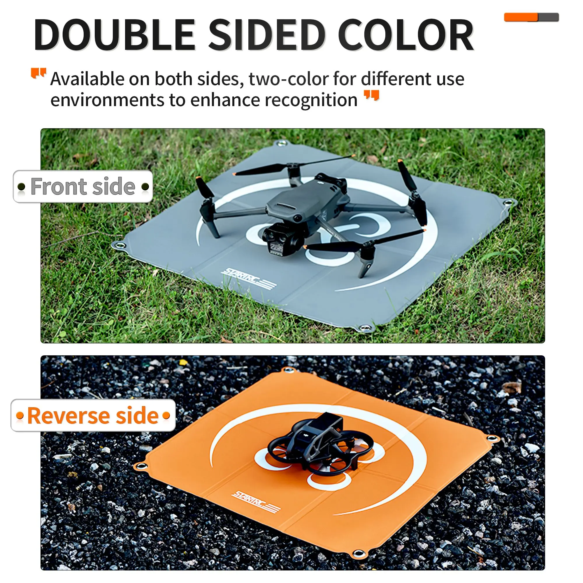 Plateforme d'atterrissage pliable pour drone 55x55 cm dépliée sur sol rocheux, montrant ses attaches de transport.
