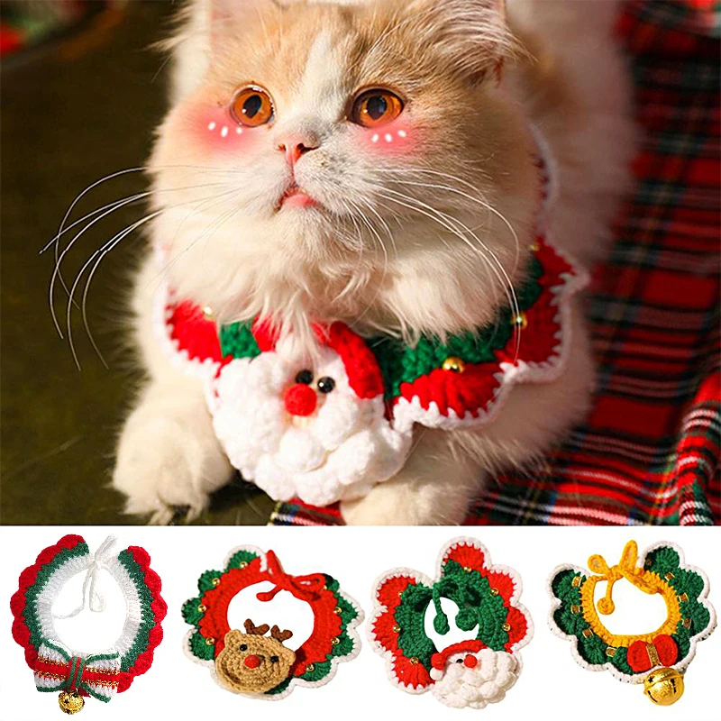 

Рождественский идентичный воротник с бантом для кошек, вязаный новогодний шарф для собак, аксессуары для рождественского костюма для мелких и средних питомцев