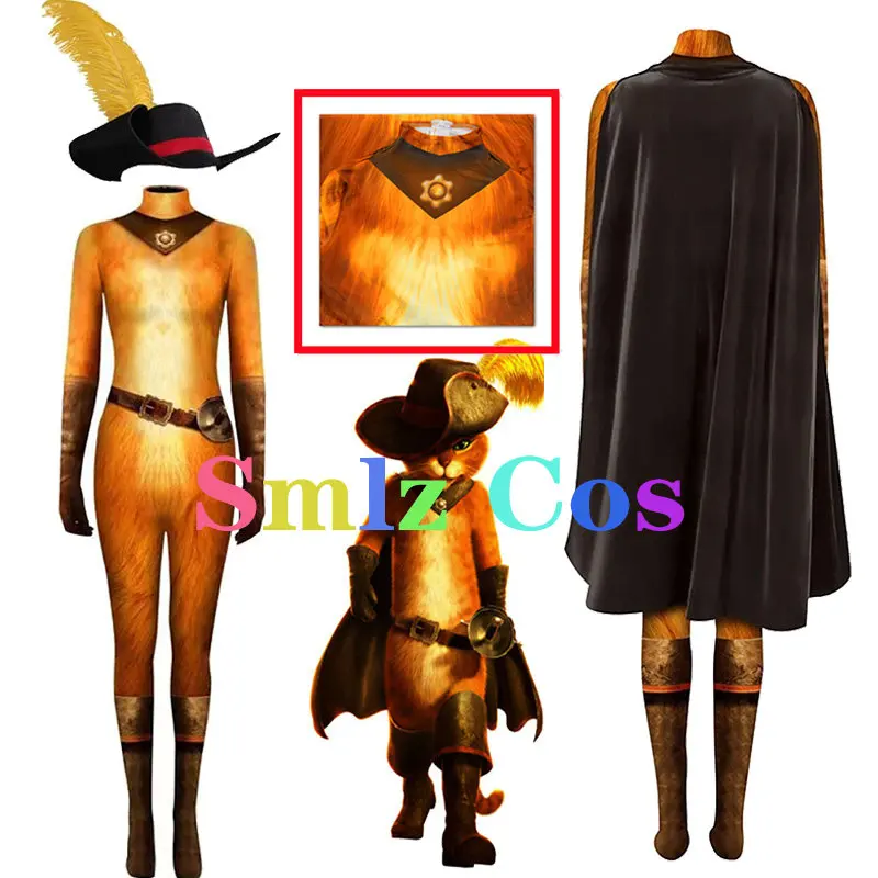 Puss In Boots Cosplay Puss Tuta Attillata Costume Adulto Bambini Tuta Mantello Cappello Halloween Party Performance Zentai Set