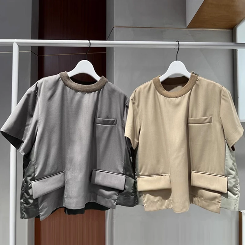 

Niche 2023 summer new round neck half sleeve T-shirt design sense short sleeve patchwork loose top