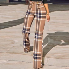 

Women Fashionable Slim Straight Pants Spring New Houndstooth Plaid Print Pants All Match High Waist Office Suit Slim Pants