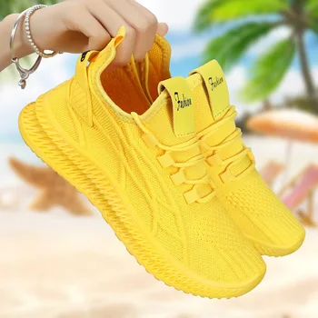 Yellow Sneakers For Women Shoes Slip On Flying Breathable Mesh Sneakers Woman Spring New Lightweight Tennis Ladies Casual Shoes 1
