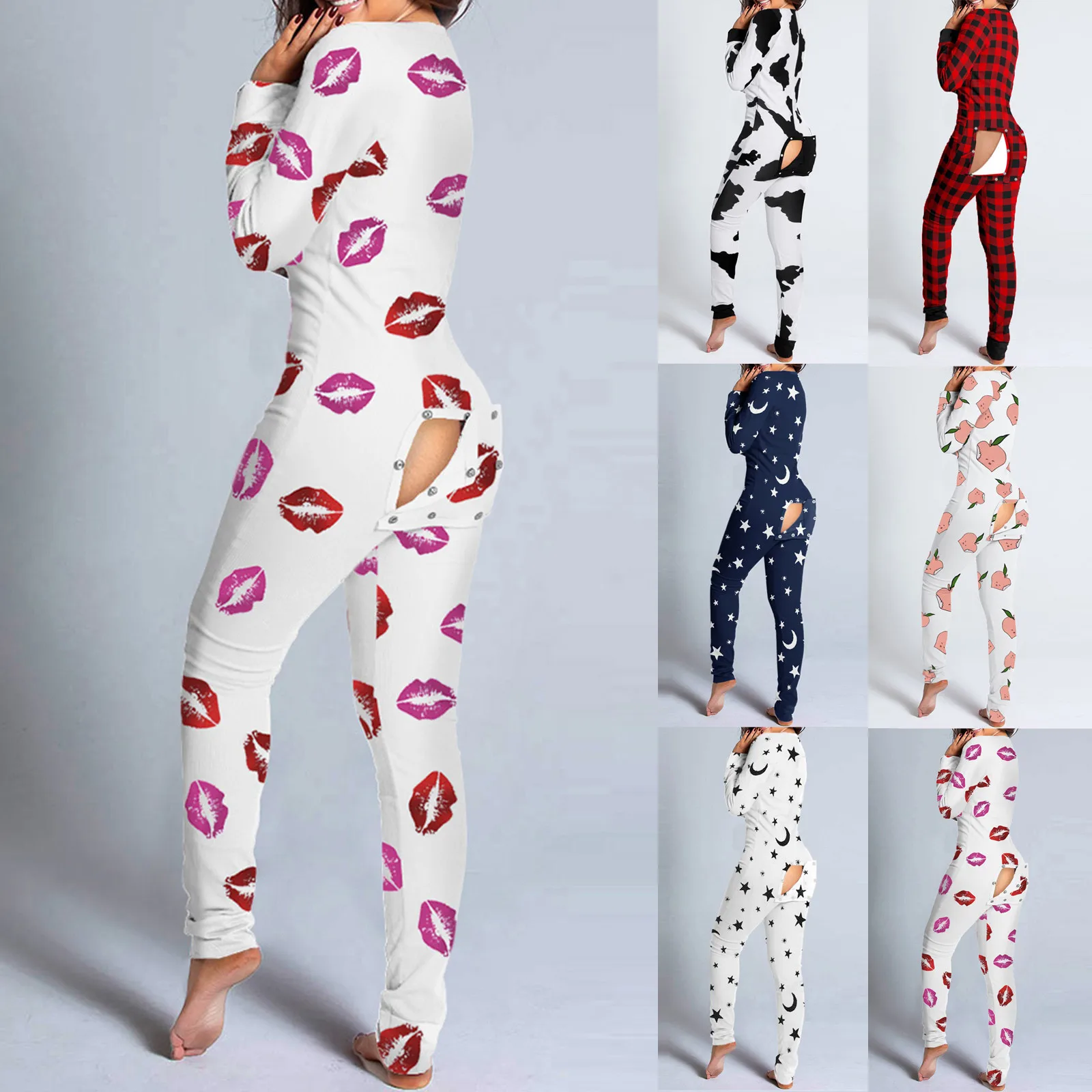 

Sexy Women Pajamas Onesies Button-down Front Functional Buttoned Flap Adults Pyjama V-neck Long Sleeve Jumpsuit Female Sleepwear