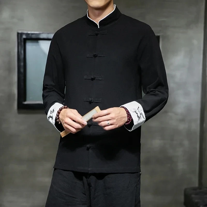 Chinese Traditional Clothing Men's Hanfu Retro Full Sleeve Collar Linen Shirt Tang Suit Hanfu Party Tops New Year Clothing
