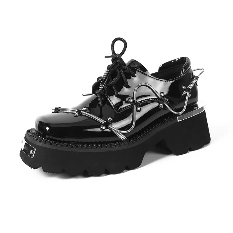 

Punk Metal Decoration Platform Shoes Women Leather British Style Square Derby Shoes Black Gothic Thick Heel Shoes Women Loafers