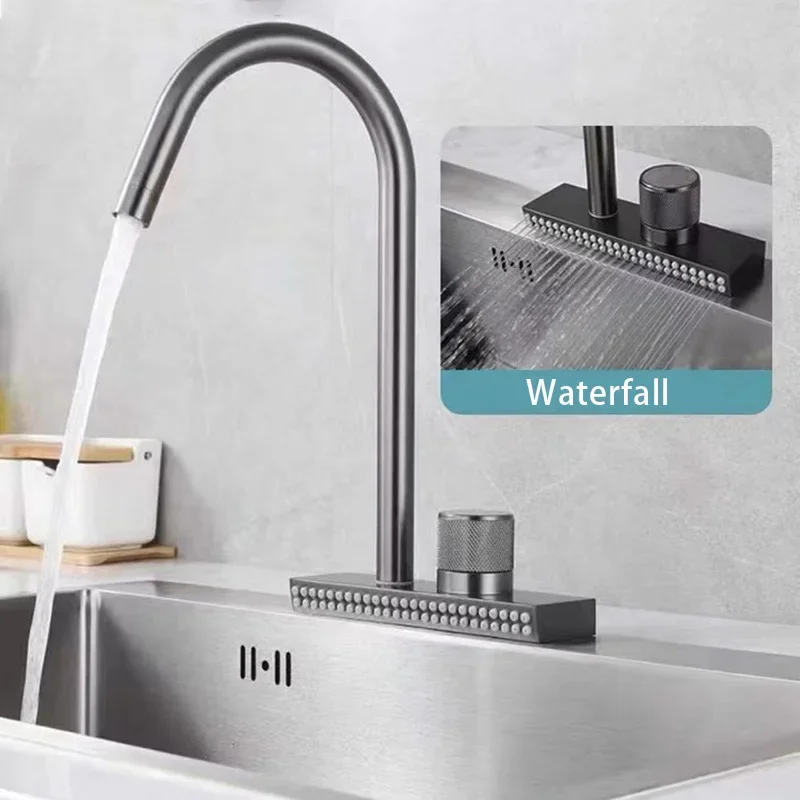 

Grey Kitchen Faucet Stainless Steel Big Waterfall Basin Sink Tap 4 Ways Water Outlet Cold and Hot Mixer Rainfall Tap 360Rotation