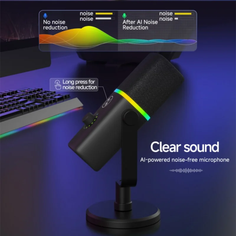 RGB 게이밍 USB-C PC 마이크 AI 노이즈 캔슬링 (PC, PS4, PS5, 라이브 스트리밍, 게임, 보컬 녹음용)