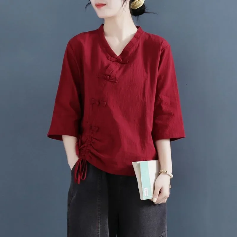 

2024 Женская традиционная китайская одежда в стиле ретро, однотонный топ ханьфу, женские топы, Элегантный Восточный костюм Тан, китайская блузка 12700